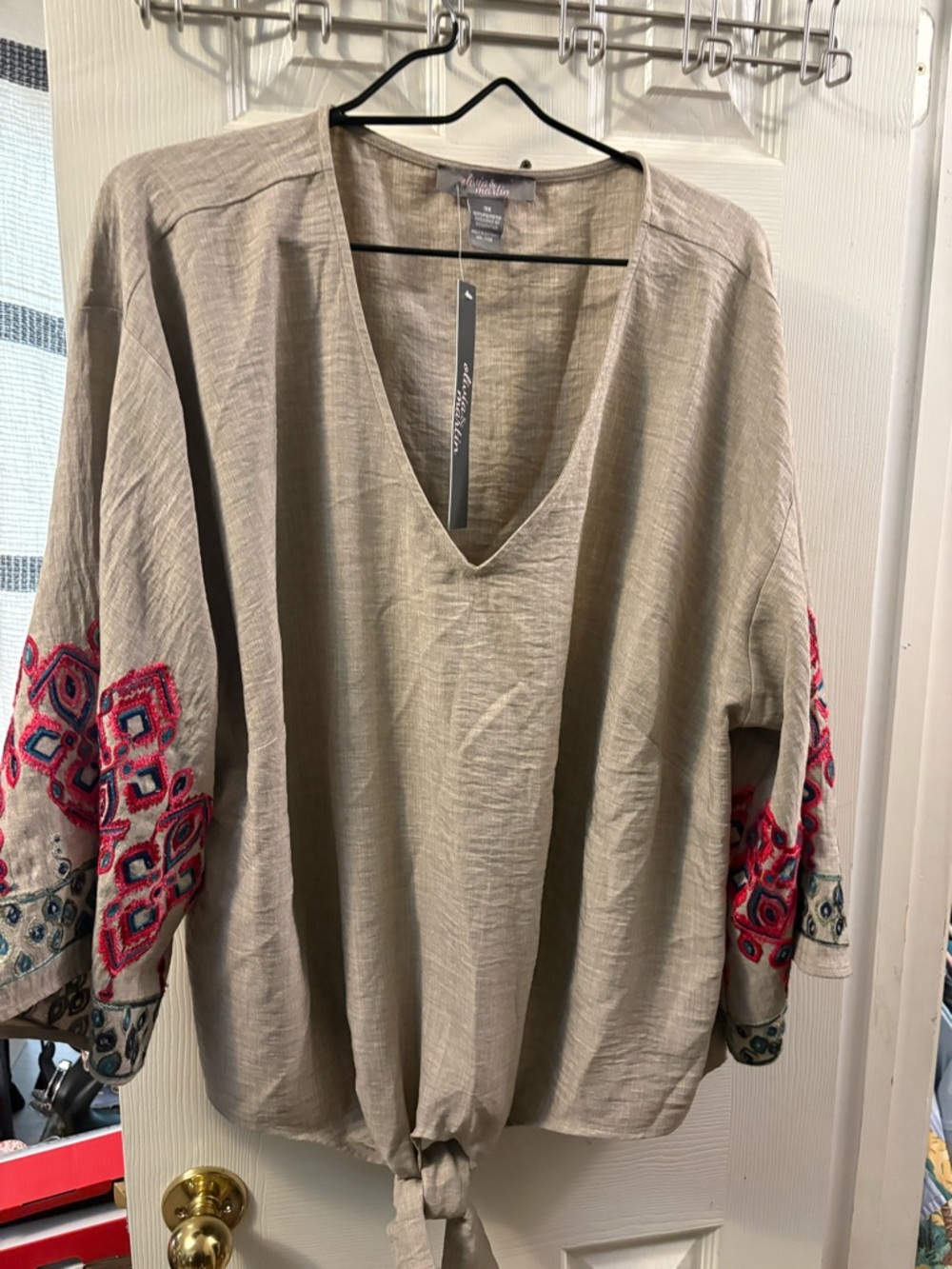 New Soft Olivia & Martin V-Neck Tie-Hem Embroidered Sleeve Top - Taupe - Picture 2 of 11